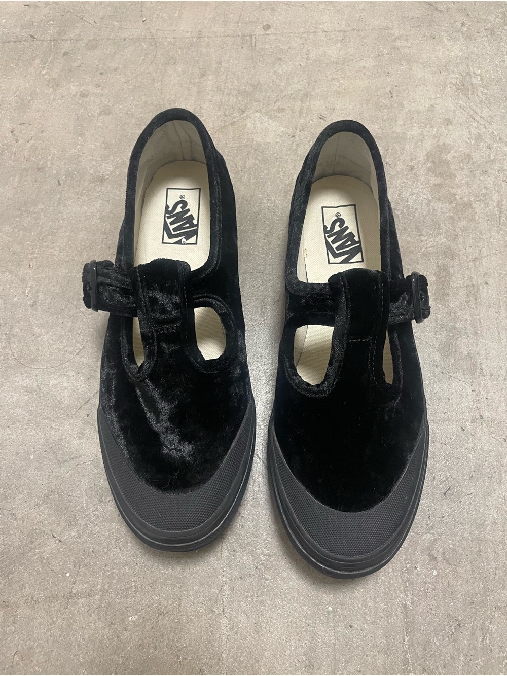 Vans Black Velvet Mary Jane T-strap Slip-Ons